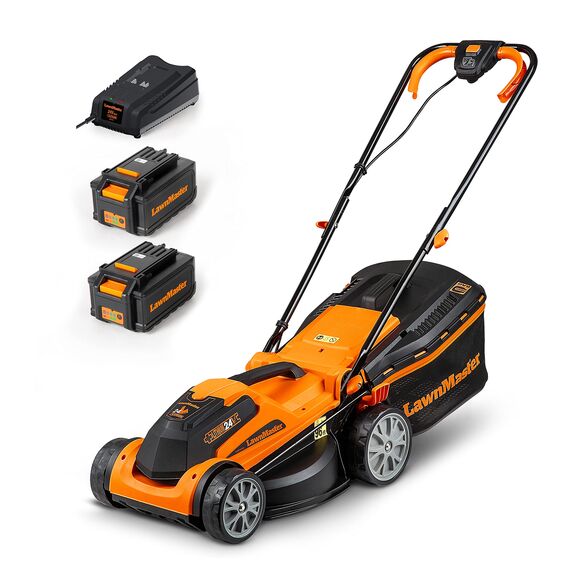 LawnMaster CLMF2434G Akku-Rasenmäher 24V Max 2x4.0Ah Batterie, 34cm, 300m² Mulchen 32L, 20-70mm 6-Stufige Schnitthöhenverstellung