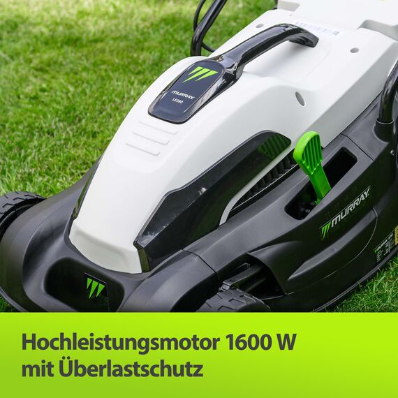 Murray Rasenmäher Elektro 2-in-1 LE380E - Rasenmäher Elektrisch 1600W/38cm mit Grasfangbox 45L für Rasenflächen bis zu 500m2 - Elektro Rasenmäher mit Ergonomischer Softgriff und Überlastschutz