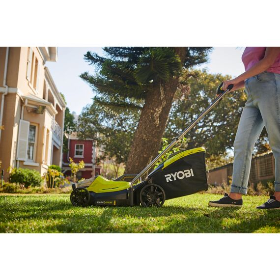 RYOBI 18 V ONE+ Akku-Rasenmäher RLM18X33B40 – 33 cm Schnittbreite, inkl. 4,0 Ah Akku & Ladegerät, kompakt & leicht für kleine Rasenflächen