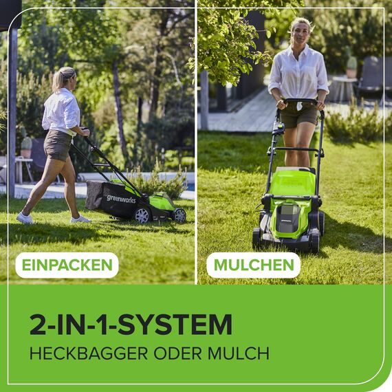 Greenworks 40 V Kabelloser Akku Rasenmäher, 41 cm Schnittbreite mit 40V 4Ah-Akku & 2A Universal Ladegerät Boni 40 V 5Ah-Akku