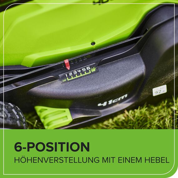 Greenworks 40 V Kabelloser Akku Rasenmäher, 41 cm Schnittbreite mit 40V 4Ah-Akku & 2A Universal Ladegerät Boni 40 V 5Ah-Akku