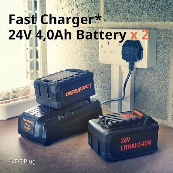 LawnMaster CLMF2434G Akku-Rasenmäher 24V Max 2x4.0Ah Batterie, 34cm, 300m² Mulchen 32L, 20-70mm 6-Stufige Schnitthöhenverstellung