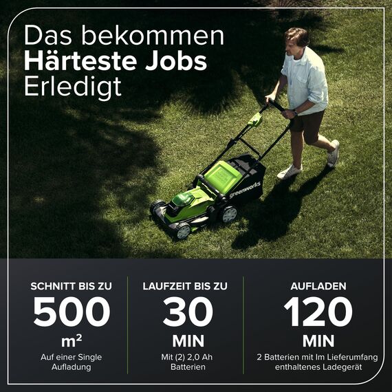 Greenworks 40 V Kabelloser Akku Rasenmäher, 41 cm Schnittbreite mit 40V 4Ah-Akku & 2A Universal Ladegerät Boni 40 V 5Ah-Akku
