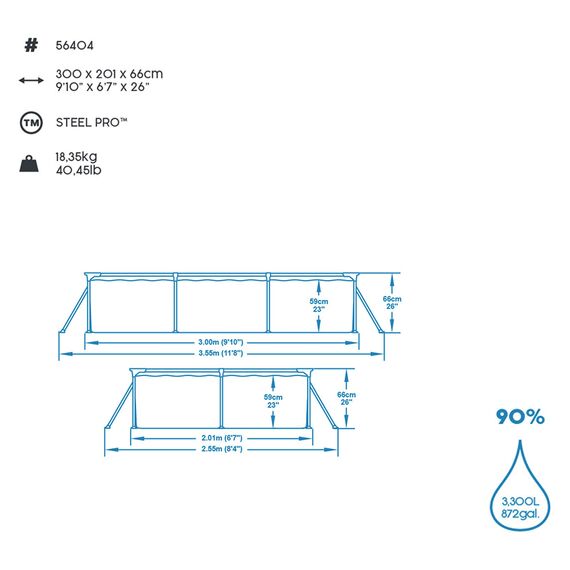 Bestway Steel Pro Framepool ohne Pumpe, eckig, 300 x 201 x 66 cm, 56404-19, Blau