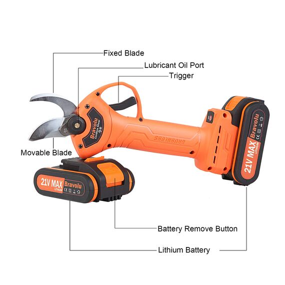 Professionelle Elektrische Astschere, Bravolu Mini Elektro Astschere mit 21V Batterie 2 Stück 2000mAh Lithium-Batterie, 30mm Gartenschere Elektrisch Gartenschere für Hecke, Baum, Obst