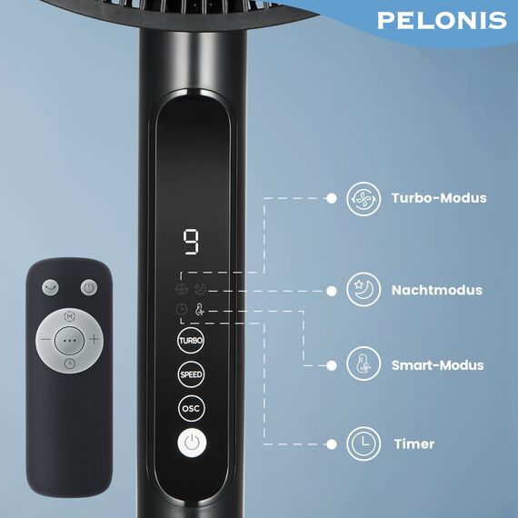 PELONIS Ventilator 16 Zoll, Standventilator mit Fernbedienung Höhenverstellbar, Ventilator Leise Schlafzimmer mit 9 Geschwindigkeitsstufen und 8 Stunden Timer