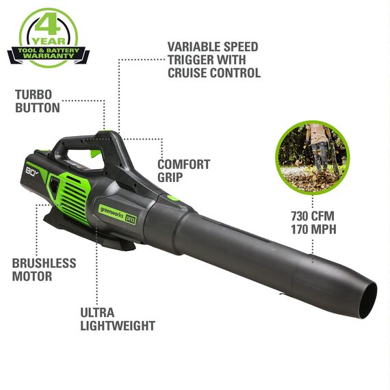 Greenworks 80 V (170 MPH / 730 CFM / 75+ kompatible Werkzeuge), kabelloser bürstenloser Axial-Laubbläser, nur Werkzeug