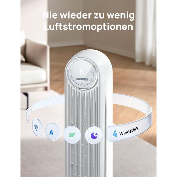 Dreo Smart 20dB Leiser Turmventilator, 10 m Wurfweite 4 Geschwindigstufen 4 Modi 8 Std. Timer 90° oszillierende Ventilator mit Kühlung WLAN & Fernbedienung für Schlafzimmer, Nomad OneS, Weiß