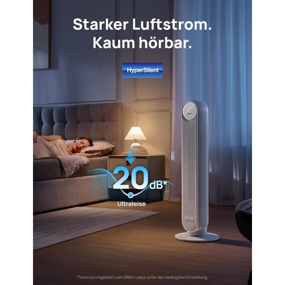 Dreo 20dB Leiser Turmventilator, 10 m Wurfweite 4 Geschwindigstufen 4 Modi 8 Std. Timer 90° oszillierende Ventilator mit Kühlung Fernbedienung für Schlafzimmer, Nomad One, Weiß