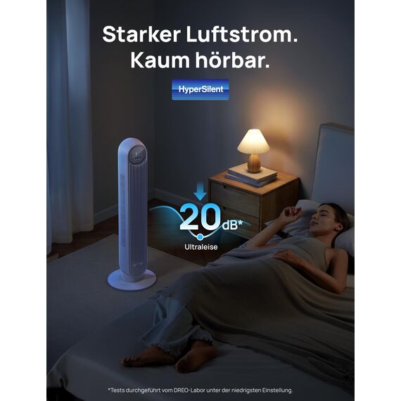 Dreo Smart 20dB Leiser Turmventilator, 10 m Wurfweite 4 Geschwindigstufen 4 Modi 8 Std. Timer 90° oszillierende Ventilator mit Kühlung WLAN & Fernbedienung für Schlafzimmer, Nomad OneS, Weiß