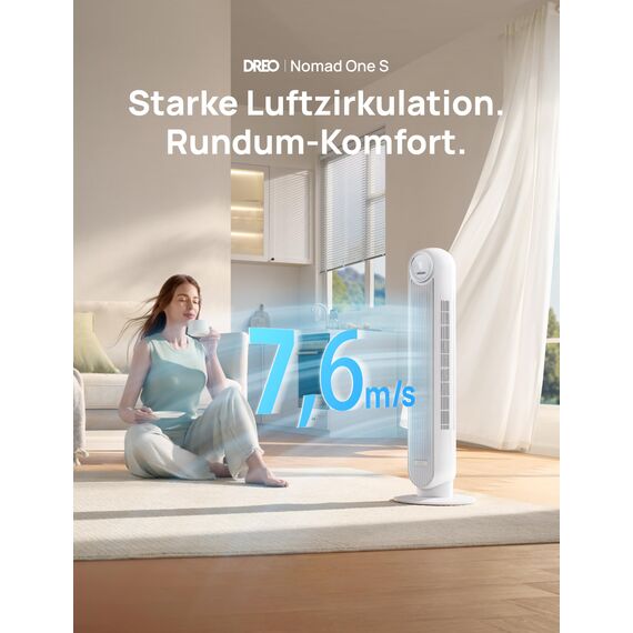 Dreo Smart 20dB Leiser Turmventilator, 10 m Wurfweite 4 Geschwindigstufen 4 Modi 8 Std. Timer 90° oszillierende Ventilator mit Kühlung WLAN & Fernbedienung für Schlafzimmer, Nomad OneS, Weiß