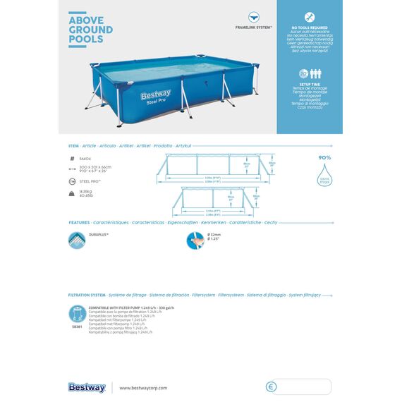 Bestway Steel Pro Framepool ohne Pumpe, eckig, 300 x 201 x 66 cm, 56404-19, Blau