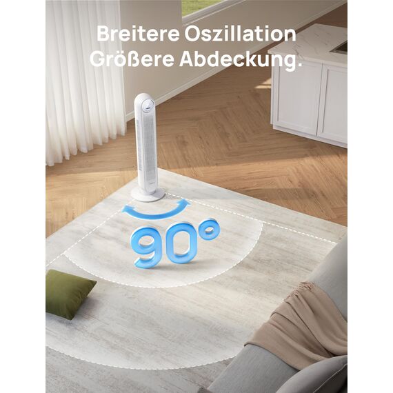 Dreo Smart 20dB Leiser Turmventilator, 10 m Wurfweite 4 Geschwindigstufen 4 Modi 8 Std. Timer 90° oszillierende Ventilator mit Kühlung WLAN & Fernbedienung für Schlafzimmer, Nomad OneS, Weiß