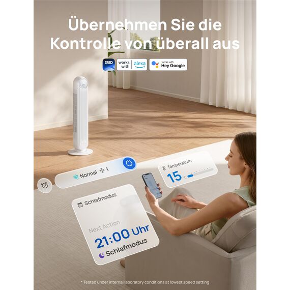 Dreo Smart 20dB Leiser Turmventilator, 10 m Wurfweite 4 Geschwindigstufen 4 Modi 8 Std. Timer 90° oszillierende Ventilator mit Kühlung WLAN & Fernbedienung für Schlafzimmer, Nomad OneS, Weiß