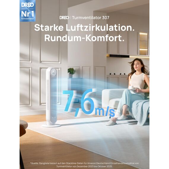 Dreo 20dB Leiser Turmventilator, 10 m Wurfweite 4 Geschwindigstufen 4 Modi 8 Std. Timer 90° oszillierende Ventilator mit Kühlung Fernbedienung für Schlafzimmer, Nomad One, Weiß