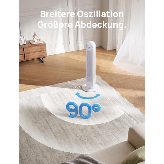 Dreo 20dB Leiser Turmventilator, 10 m Wurfweite 4 Geschwindigstufen 4 Modi 8 Std. Timer 90° oszillierende Ventilator mit Kühlung Fernbedienung für Schlafzimmer, Nomad One, Weiß