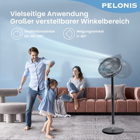PELONIS Ventilator 16 Zoll, Standventilator mit Fernbedienung Höhenverstellbar, Ventilator Leise Schlafzimmer mit 9 Geschwindigkeitsstufen und 8 Stunden Timer