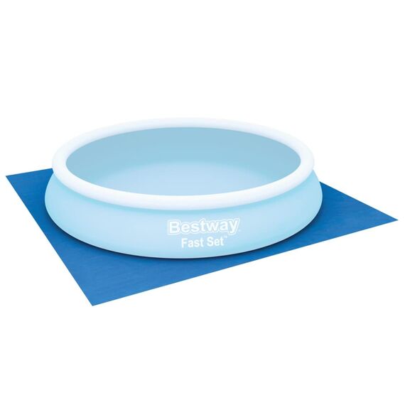 Bestway Steel Pro MAX Frame Pool-Set mit Filterpumpe Ø 305 x 76 cm, lichtgrau, rund & Flowclear™ quadratische Bodenplane, 396 x 396 cm, für Aufstellpools bis Ø 366 cm, blau