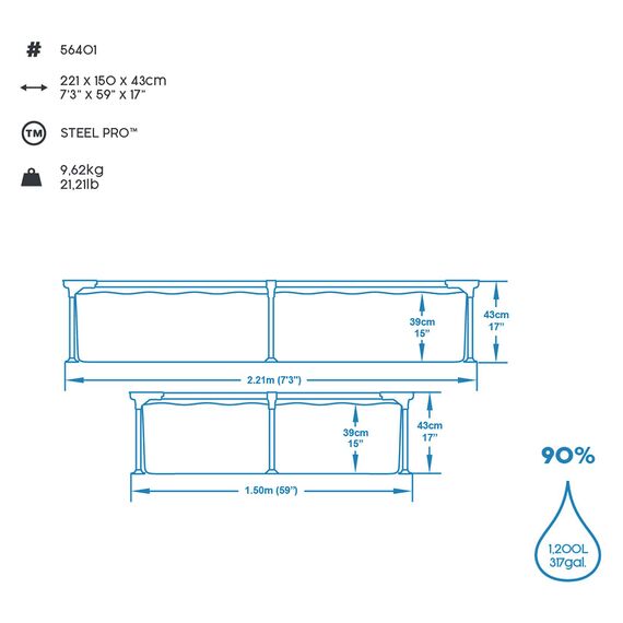 Bestway® Steel Pro™ Aufstellpool ohne Pumpe 221 x 150 x 43 cm, blau, eckig