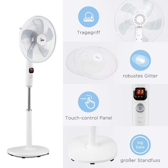 Midea FS40-16CR DC Motor Standventilator leise Extreme,mit Fernbedienung,12 Geschwindigkeiten,12H Timer,4 Modi,LED-Anzeige,energiesparend,22 dB,höhenverstellbar,Luftzirkulation, Weiß