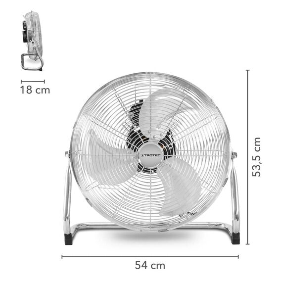 TROTEC Bodenventilator TVM 18 – 100 Watt, Neigungswinkel 110°, 3 Stufen, Ø 45 cm, kippfester Stand, leise, Silber