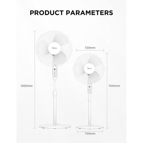 Midea FS40-16JRA Standventilator, Starke Windkraft, Großes Luftvolumen, 40 W Leistung, Fernbedienung, Leiser Betrieb 55 dB-65 dB, Höhenverstellbar: Bis zu 130 mm, Drei-Geschwindigkeits-Einstellung