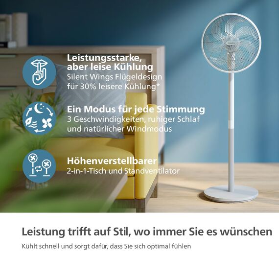 Philips Standventilator Serie 2000. Stark & superleise mit SilentWings Technologie. 19 dB. 2-in-1-Tisch- & Standventilator. Neigung & Oszillation einstellbar. 12-Stunden-Timer. Weiß. (CX2550/00)