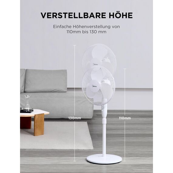 Midea FS40-16JA Standventilator, Starke Windkraft, Großes Luftvolumen, 40 W Leistung, Fernbedienung, Leiser Betrieb 55 dB-65 dB, Höhenverstellbar: Bis zu 130 mm, Drei-Geschwindigkeits-Einstellung