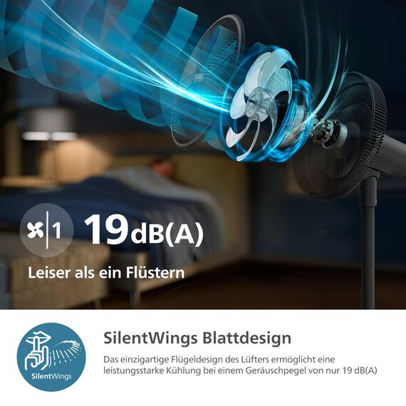 Philips Smart Standventilator Serie 3000. Starke & extrem leise SilentWings-Technologie. 19 dB. 2-in-1-Tisch- & Standventilator. Neig- & drehbar. App-Steuerung. 12-St.-Timer. Schwarz (CX3550/01)