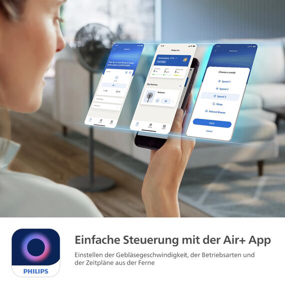 Philips Smart Standventilator Serie 3000. Starke & extrem leise SilentWings-Technologie. 19 dB. 2-in-1-Tisch- & Standventilator. Neig- & drehbar. App-Steuerung. 12-St.-Timer. Schwarz (CX3550/01)