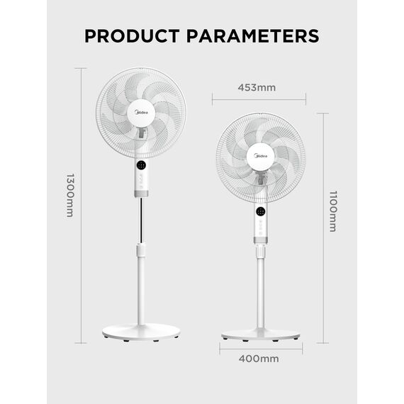 Midea FS40-23MR Standventilator mit 3 Geschwindigkeiten, Teleskophöhe und -größe, Fernbedienung, duales Beschleunigungssystem, 90-Grad-Schwingung nach links und rechts