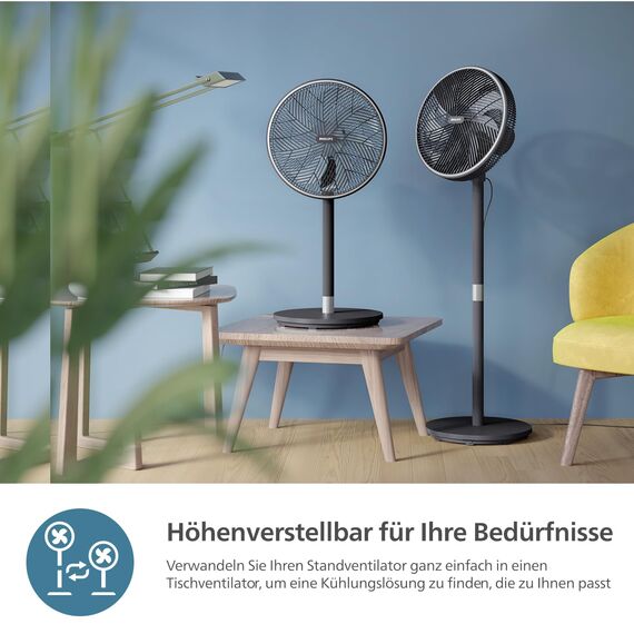 Philips Smart Standventilator Serie 3000. Starke & extrem leise SilentWings-Technologie. 19 dB. 2-in-1-Tisch- & Standventilator. Neig- & drehbar. App-Steuerung. 12-St.-Timer. Schwarz (CX3550/01)
