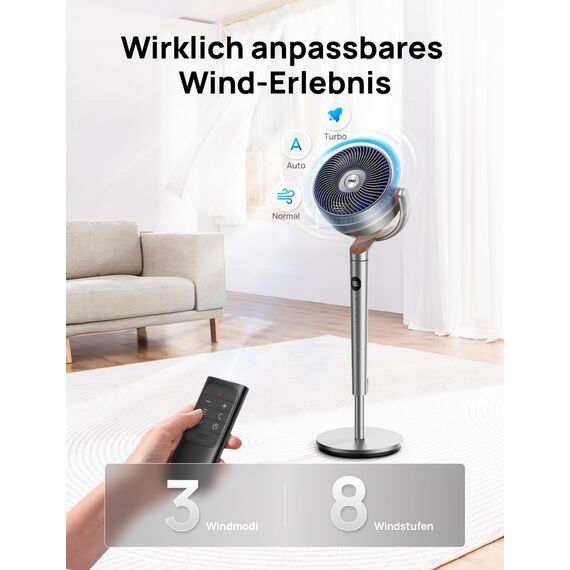 Dreo 20dB leiser Standventilator, 120°+120° Omni-direktionale oszillierende Ventilator, 26M Windentfernung, 1200m³/h Luftvolumen Echt Turbo-Luftzirkulator Fans, 102CM Höhe 3 Modi 8-Geschwindigkeit