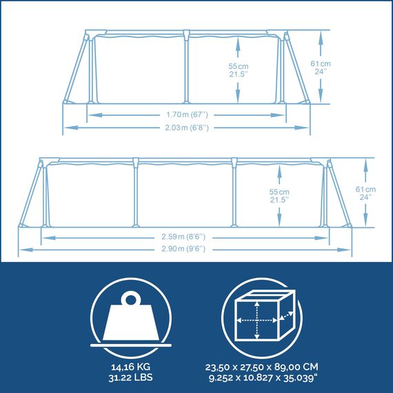 8'6" x 67" x 24"/2.59m x 1.70m x 61cm Pool