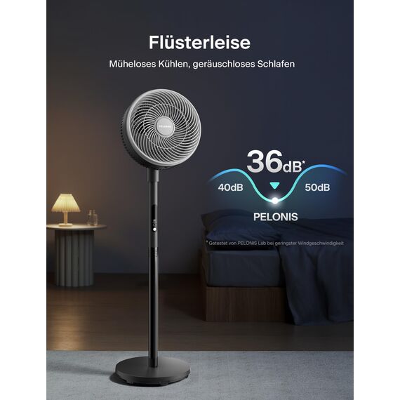 PELONIS Standventilator mit Fernbedienung Touch Display 3D Zirkulation 36.5dB Leise 10m Luftstrom Höhenverstellbar 60/111cm 4 Stufen mit Timer, Abnehmbarer Schutzgitter Rotationslüfter