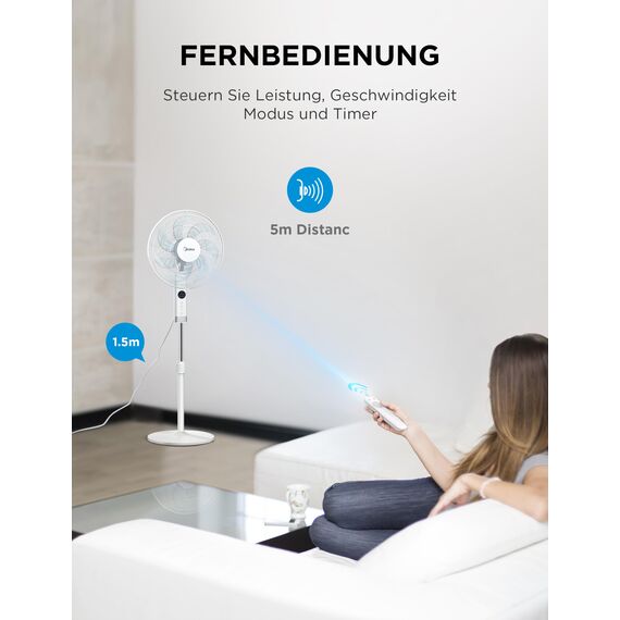 Midea FS40-23MR Standventilator mit 3 Geschwindigkeiten, Teleskophöhe und -größe, Fernbedienung, duales Beschleunigungssystem, 90-Grad-Schwingung nach links und rechts