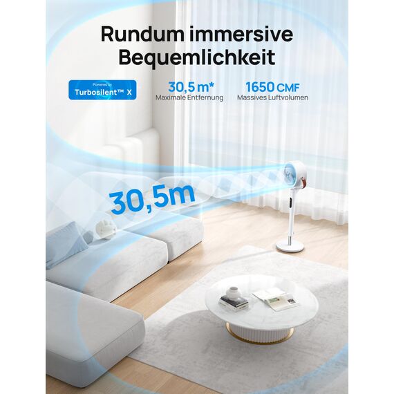 Dreo 25dB leiser Smart Standventilator, 30M Windentfernung 1650m³/h Luftvolume Turbo-Luftzirkulator 110CM Höhe 6 Modi 8-Geschwindigkeit 120°+105° Omni-direktional oszillierend Ventilator, PolyFan 513S