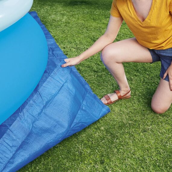 Bestway Steel Pro MAX Frame Pool-Set mit Filterpumpe Ø 305 x 76 cm, lichtgrau, rund & Flowclear™ quadratische Bodenplane, 396 x 396 cm, für Aufstellpools bis Ø 366 cm, blau