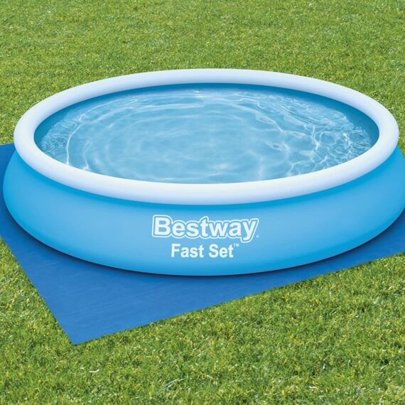 Bestway Steel Pro MAX Frame Pool-Set mit Filterpumpe Ø 305 x 76 cm, lichtgrau, rund & Flowclear™ quadratische Bodenplane, 396 x 396 cm, für Aufstellpools bis Ø 366 cm, blau