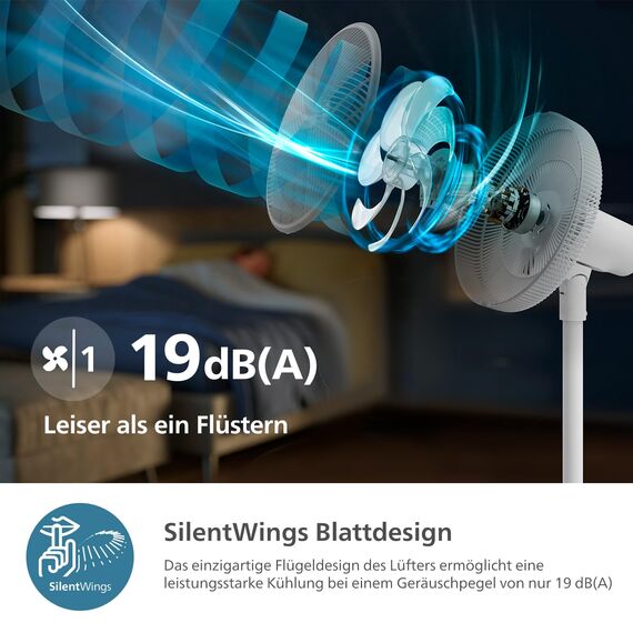 Philips Standventilator Serie 2000. Stark & superleise mit SilentWings Technologie. 19 dB. 2-in-1-Tisch- & Standventilator. Neigung & Oszillation einstellbar. 12-Stunden-Timer. Weiß. (CX2550/00)