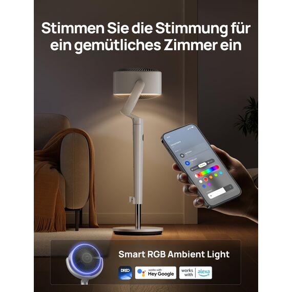 Dreo Smart Standventilator mit RGB Light, 120° +120° Oszillierender Ventilator mit Fernbedienung, 20dB Leiser Bodenventilator für Schlafzimmer, 90ft, 8H Timer, Weiß
