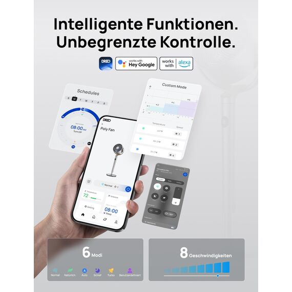 DREO Smart Standventilator, 120°+120° Oszillierend Ventilator mit Wi-Fi/Sprachsteuerung, 20dB Leiser Bodenventilator für Schlafzimmer, einstellbare Höhe, 8 Geschwindigkeiten, 6 Modi, 12H Timer