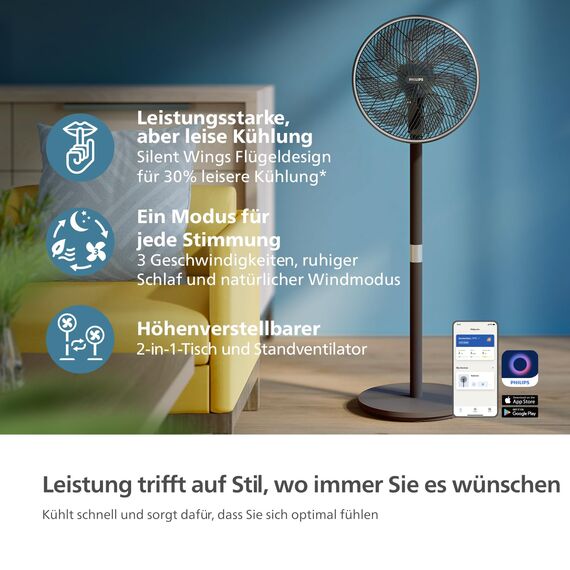 Philips Smart Standventilator Serie 3000. Starke & extrem leise SilentWings-Technologie. 19 dB. 2-in-1-Tisch- & Standventilator. Neig- & drehbar. App-Steuerung. 12-St.-Timer. Schwarz (CX3550/01)