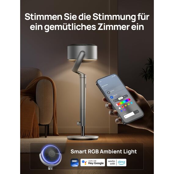 DREO Smart Standventilator mit RGB Light, 120° +120° Oszillierender Ventilator mit Fernbedienung, 20dB Leiser Bodenventilator für Schlafzimmer, 8H Timer, Silber