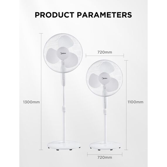 Midea FS40-16JA Standventilator, Starke Windkraft, Großes Luftvolumen, 40 W Leistung, Fernbedienung, Leiser Betrieb 55 dB-65 dB, Höhenverstellbar: Bis zu 130 mm, Drei-Geschwindigkeits-Einstellung