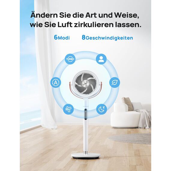 Dreo 25dB leiser Smart Standventilator, 30M Windentfernung 1650m³/h Luftvolume Turbo-Luftzirkulator 110CM Höhe 6 Modi 8-Geschwindigkeit 120°+105° Omni-direktional oszillierend Ventilator, PolyFan 513S