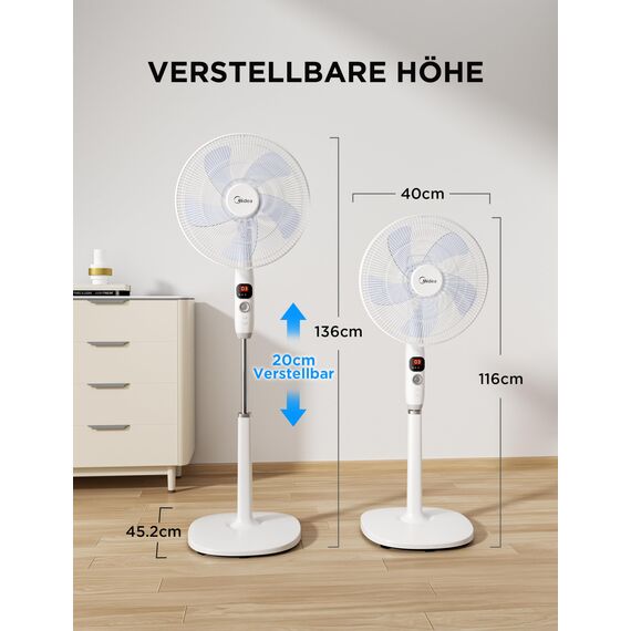 Midea FS40-16CR DC Motor Standventilator leise Extreme,mit Fernbedienung,12 Geschwindigkeiten,12H Timer,4 Modi,LED-Anzeige,energiesparend,22 dB,höhenverstellbar,Luftzirkulation, Weiß