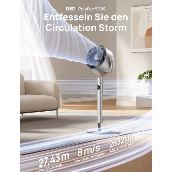 DREO Smart Standventilator mit RGB Light, 120° +120° Oszillierender Ventilator mit Fernbedienung, 20dB Leiser Bodenventilator für Schlafzimmer, 8H Timer, Silber
