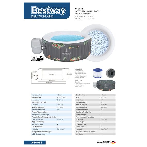 Bestway® Lay-Z-SPA® Whirlpool Aruba AirJet™ Ø 170 x 66 cm, rund