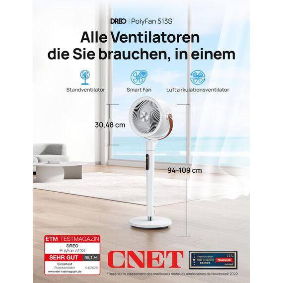 Dreo 25dB leiser Smart Standventilator, 30M Windentfernung 1650m³/h Luftvolume Turbo-Luftzirkulator 110CM Höhe 6 Modi 8-Geschwindigkeit 120°+105° Omni-direktional oszillierend Ventilator, PolyFan 513S
